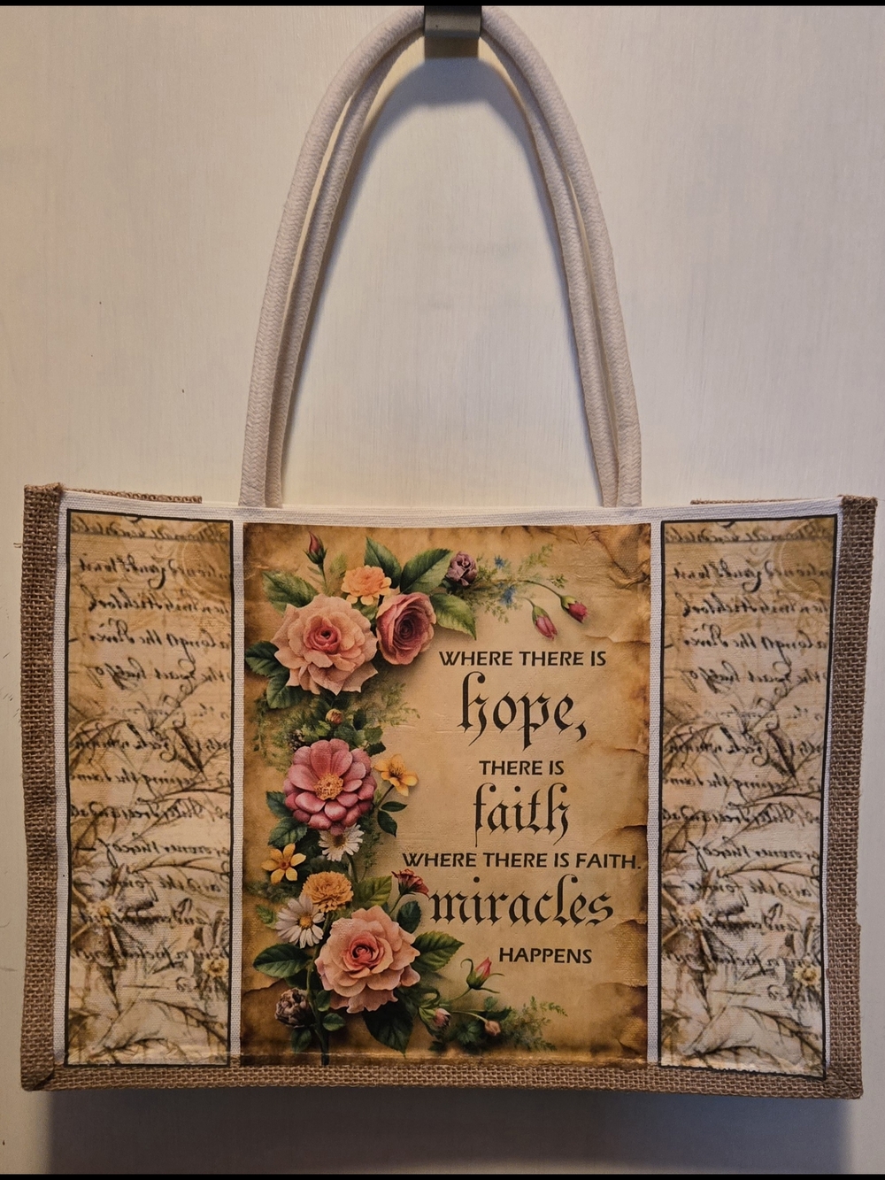 Faith & Floral Tote Bag in Cream and Pink